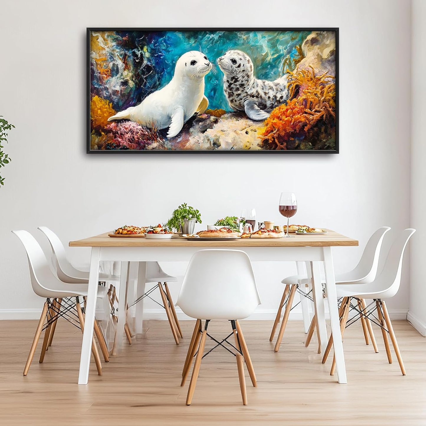 Extra Large Seal Framed Wall Art for Living Room,Oversized Underwater Animal Pictures Wall Decor,Ocean Coral Reef Canvas Print Painting Modern Artwork Bedroom Office Bathroom 60L" x 30W"