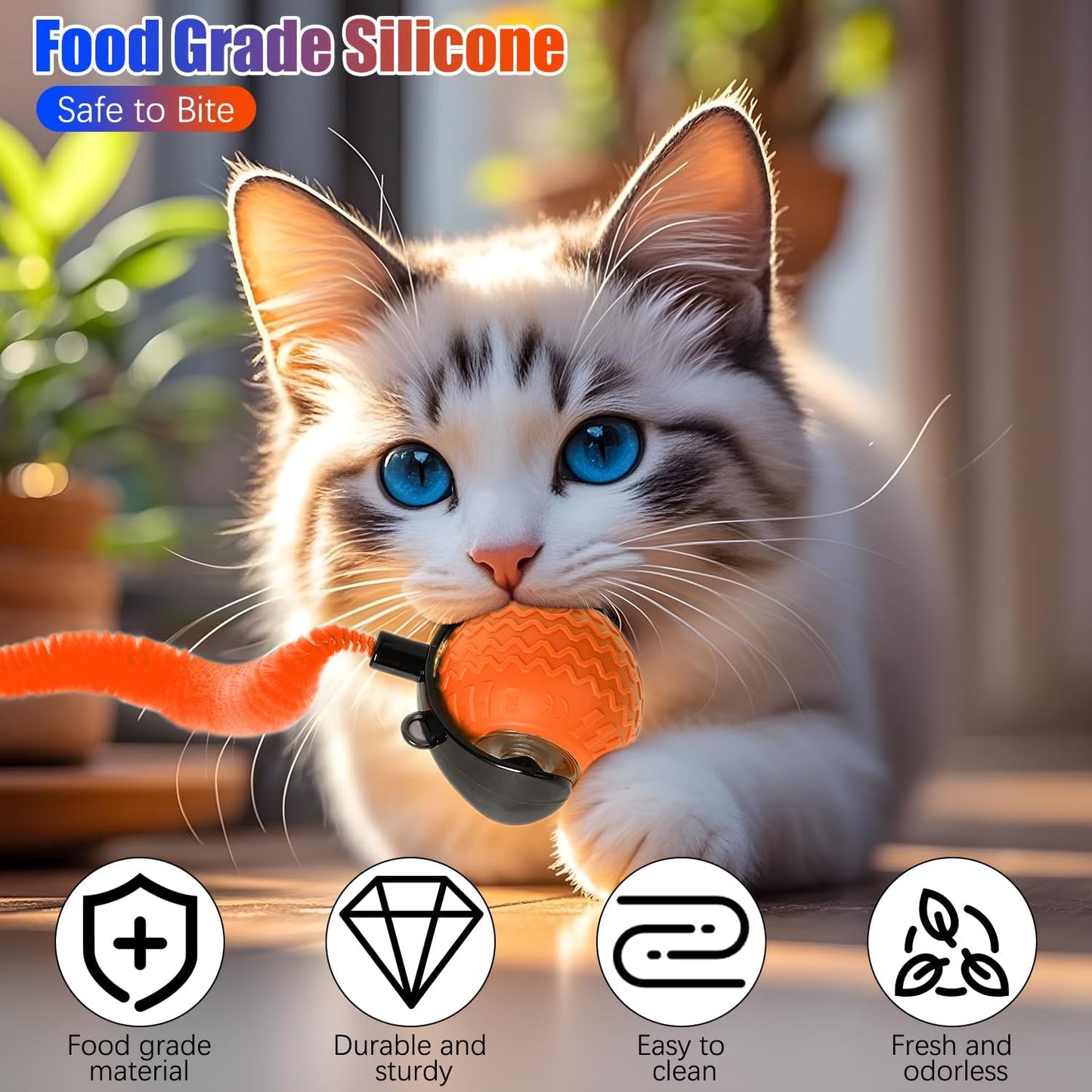 2PCS Interactive Cat Toy for Indoor Cats, Speedy Ball with Tail, Automatic Moving Cat Balls for Bored Indoor Adult Cats, Two Speed Adjustment,360°Automatic Rolling Ball Toy (Blue+Orange)