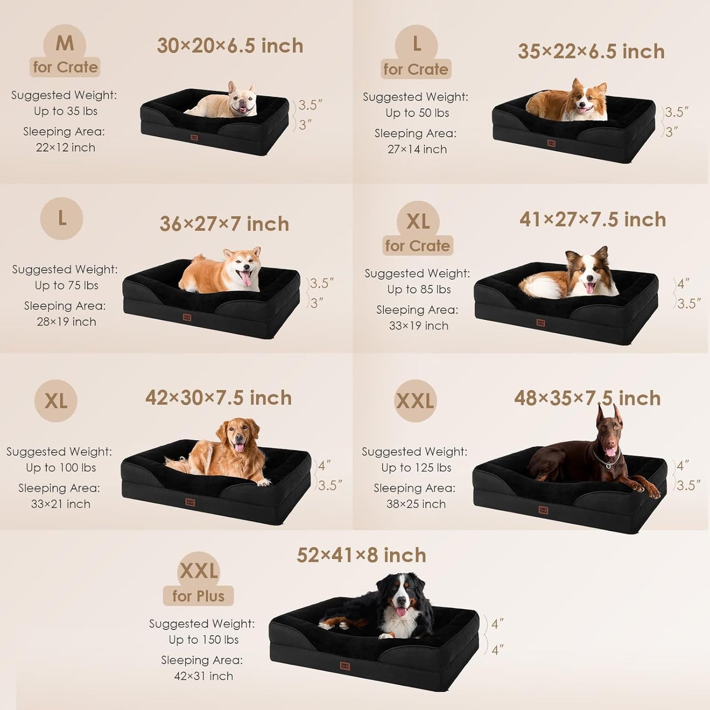 EHEYCIGA Memory Foam XXL Dog Bed for XLarge Sized, Extra Large Orthopedic Dog Sofa with Sides and Waterproof Liner, Washable Bolster Pet Couch with Removable Cover, 52x41x8 Inch, Black