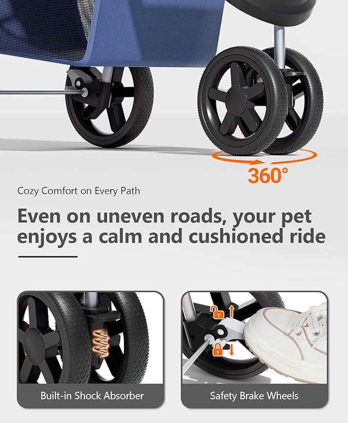 Pet Stroller with 3 Wheels for Small/Medium Pets, Portable Travel Foldable Carrier Jogger for Dog Cat Puppy Kitty, Rear Wheel Breaks, Storage Basket, Visible Mesh Weather Cover (Navy Blue)