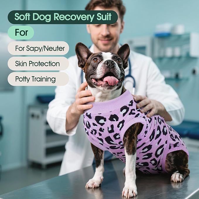 Kuoser Dog Recovery Suit for Dogs After Surgery,Professional Surgical Onesie for Female Male Dogs Spay Neuter,Soft Dog Surgery Suit Bodysuit for Abdominal Wounds Skin Disease,Purple Leopard XS