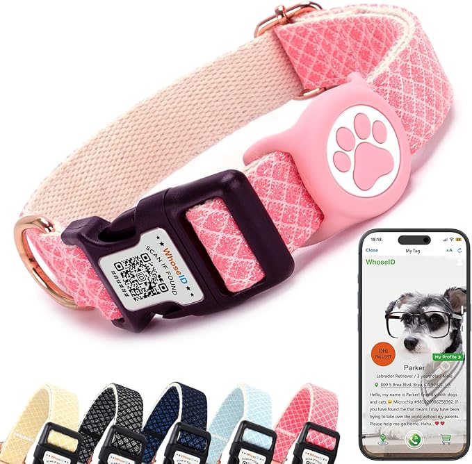 Dog Collar with Waterproof AirTag Holder & Anti-Lost QR Code, Cute Bling Warpping Adjustable Width for Small Medium Large Pet (Red, L)