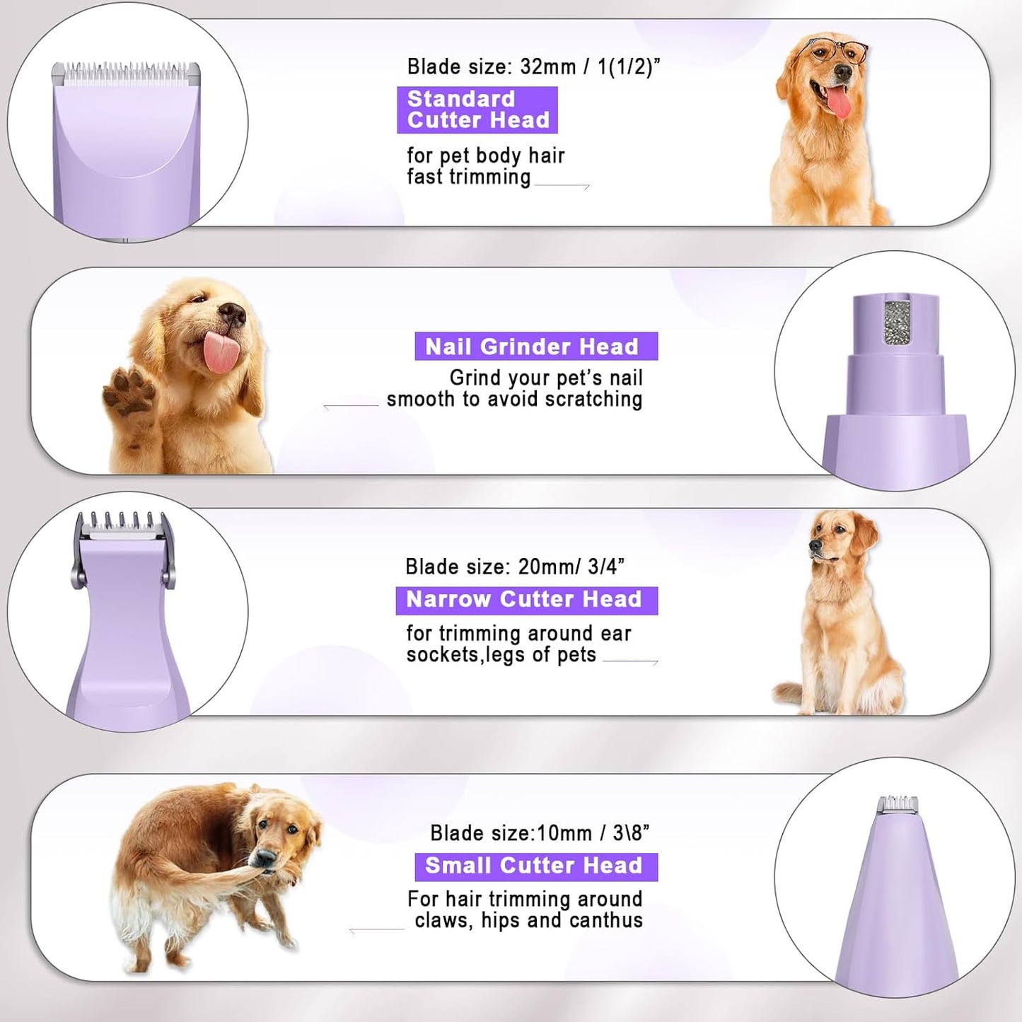 Dog Grooming Clippers Kit-Electric Rechargeable Cat Trimmer Tools-Cordless Quiet Pet Nail Paw Grinder-4 in 1 Multifunctional Low Noise Shaver-Razor for feet Face Ears Toenail Eye