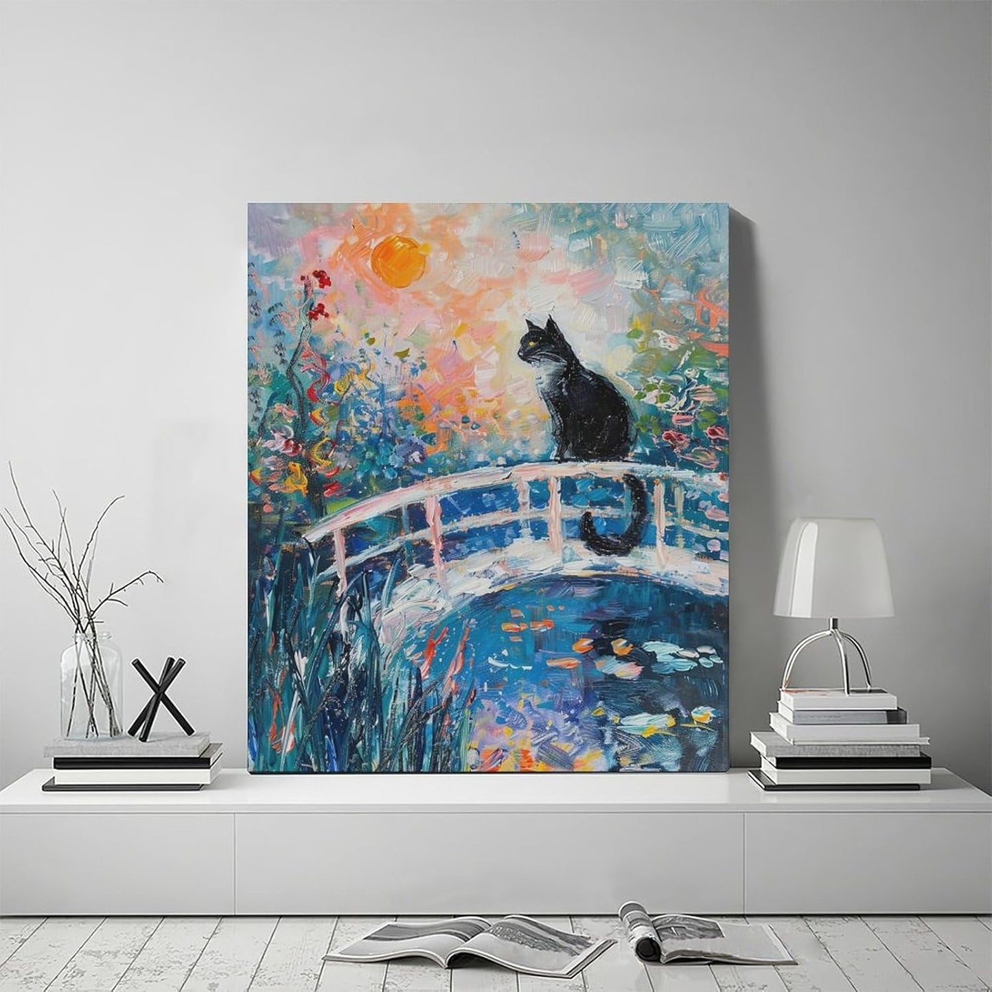 Quorin Black Cat Wall Art Water Lily Sunset Pictures Cat Wall Decor Impressionism Canvas Print Painting Artwork for Bathroom Living Room Bedroom 20"x24"