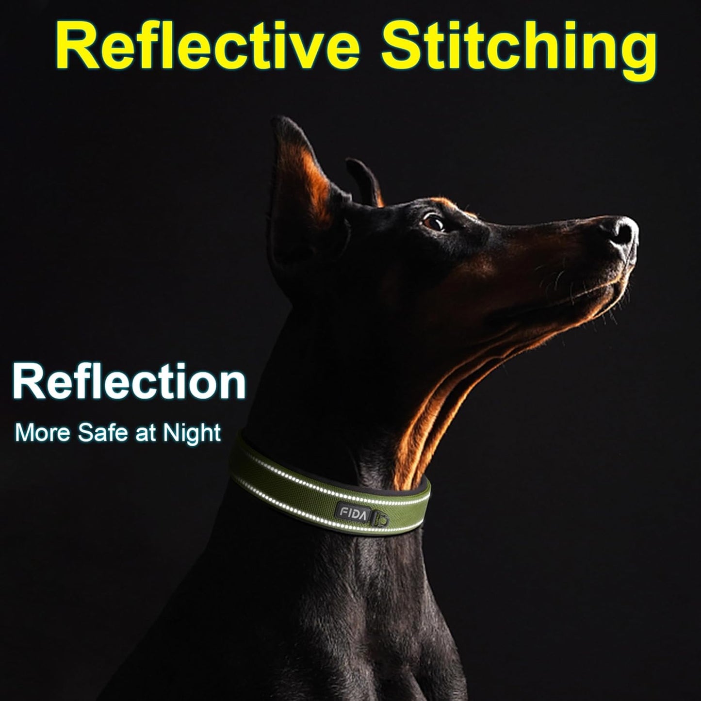 Fida Heavy Duty Dog Collar for Large Dogs, Ultra Comfortable Soft Neoprene Padded, Adjustable Reflective Nylon Pet Collar with Durable Metal Belt Buckle for Large Breeds (L, Green)