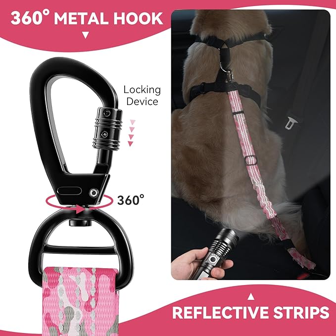 Pawaboo Dog Seatbelt for Car, 3-in-1 Dog Seat Belt Bungee, Shockproof Dogs Tether with Buckle & Hook Latch, Adjustable Reflective Dogs Cars Harness Leash with 360° Lockable Buckle, Pink Camouflage