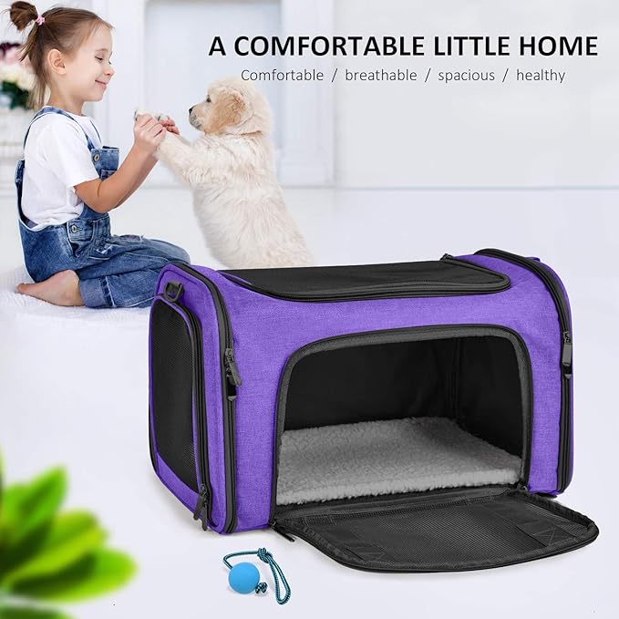 Large Cat Carriers Dog Carrier Pet Carrier for Large Cats Dogs Puppies up to 25Lbs, Big Dog Carrier Soft Sided, Collapsible Travel Puppy Carrier - Large - Purple
