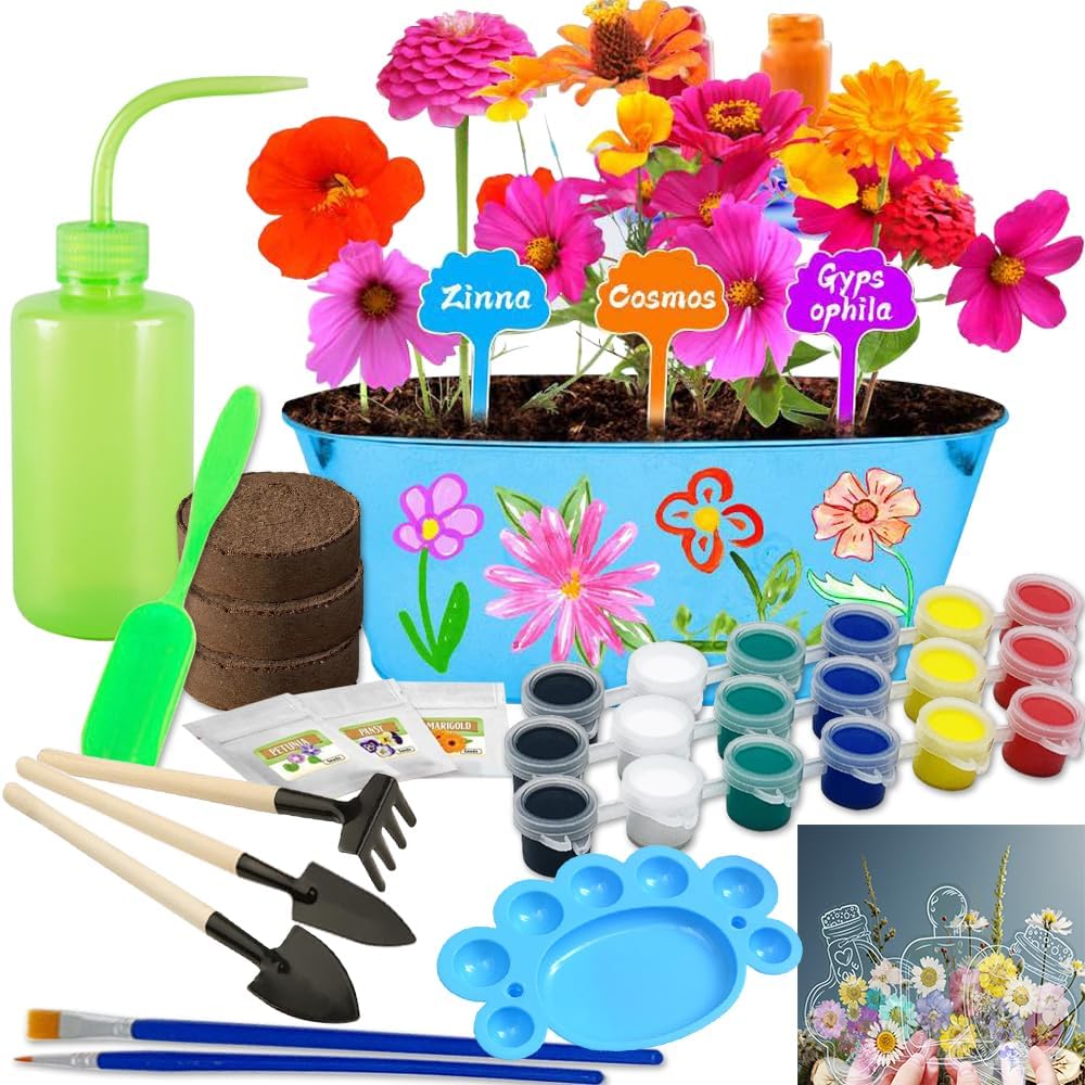 IELEK Paint & Plant Growing Flower Garden Kit for Kids - Arts and Crafts Gardening Set Easter Gifts Kit for Girls & Boys Ages 5, 6, 7, 8, 9, 10, 11 & 12 Year Old