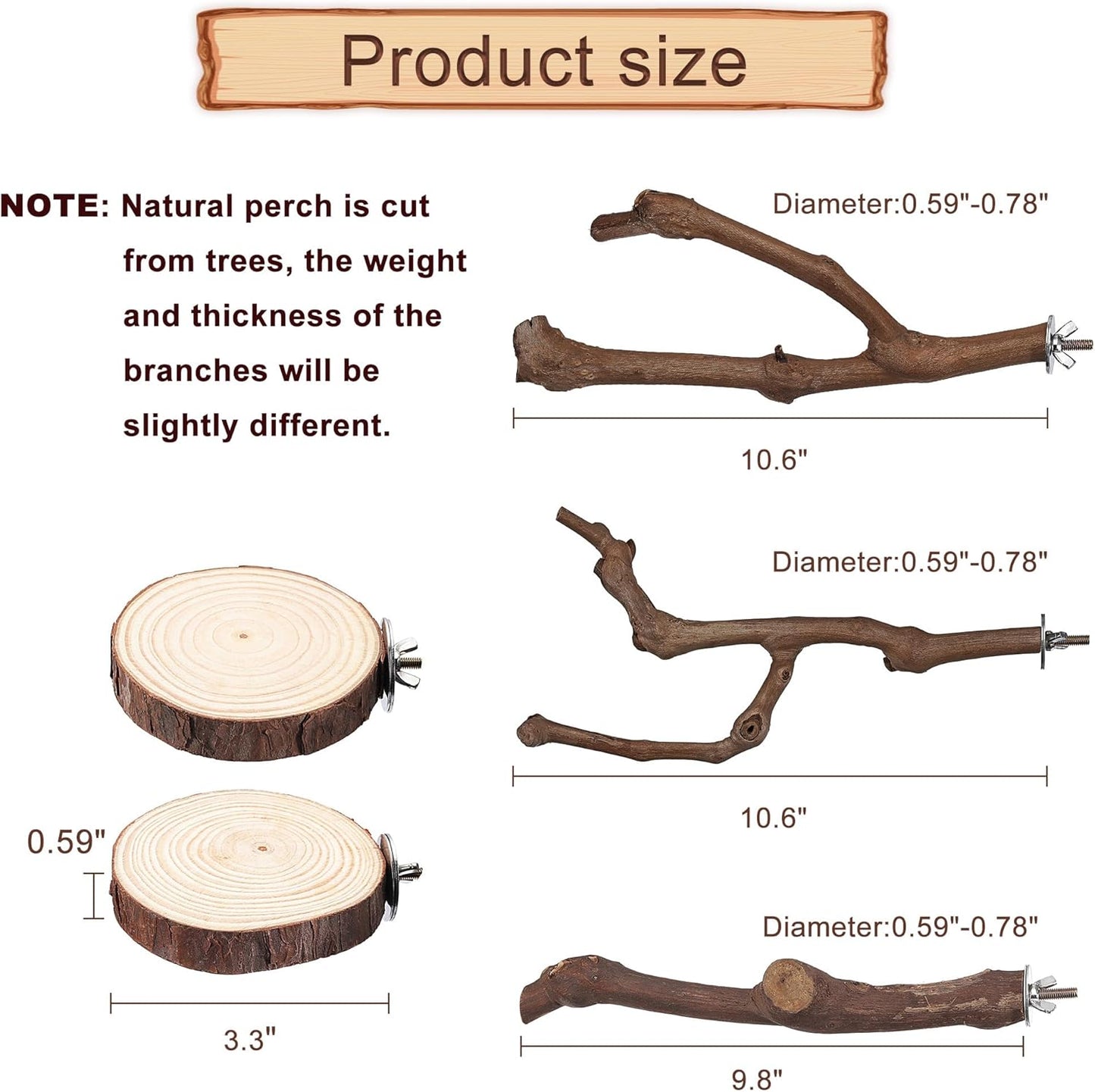 Mogoko 5PCS Bird Perch Natural Wood Grape Stick Stand, 3 Grape Stick Paw Grinding Fork Parakeet Chewing Stick 2 Parrot Stand Branch, Chewing Exercise Branches Bird Cage Accessories