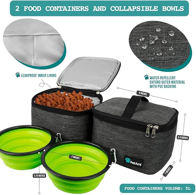 PetAmi Dog Travel Bag - Organizer with Food Container and Bowls, Supplies for Weekend Camping, Cat Diaper Bag (Charcoal, Large)