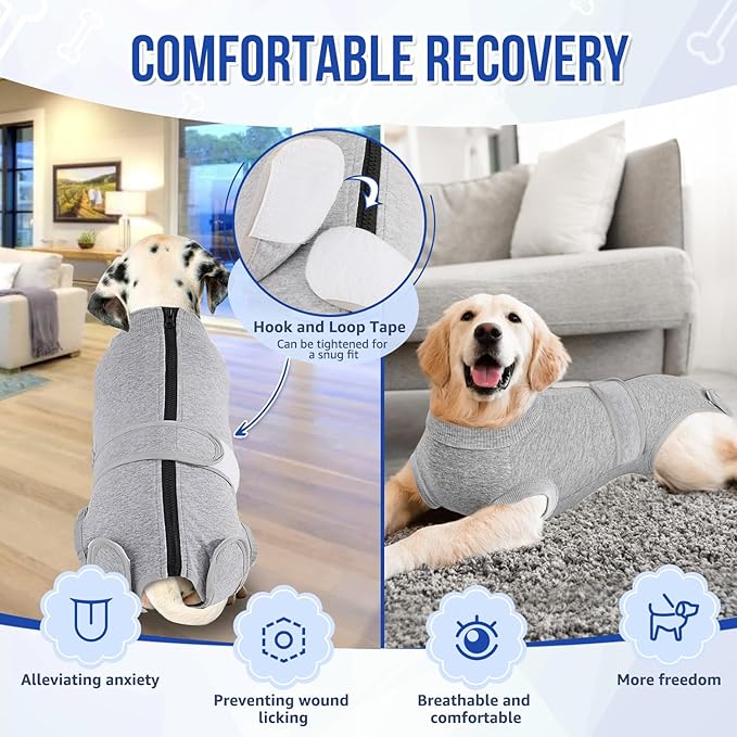 Lukovee Recovery Suit for Dogs, Zipper On Recovery Suit for Female Male Dog, Onesie Abdominal Wounds Cone E-Collar Alternative Prevent Licking Spay Recovery Suit (M,GY)
