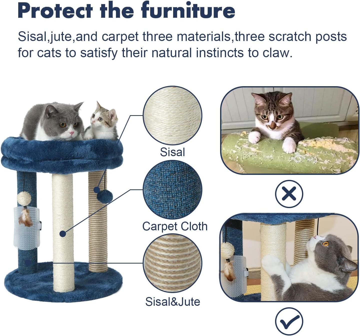 MECOOL Cat Scratching Post Tree with Tower Soft Bed.Natural Quality Sisal Carpet Jute Scratch Posts with Three Hanging Ball Toys and Massage Brush for Indoor Cats and Kittens Blue