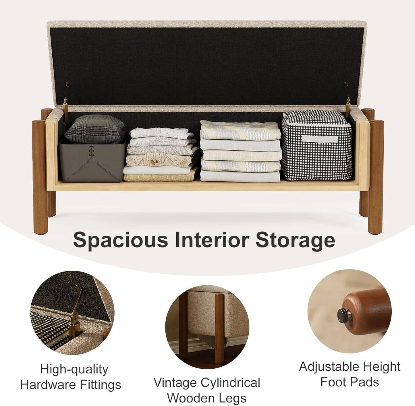 Storage Ottoman Bench, End of Bed Bench for Bedroom, 47" Boucle Upholstered Entryway Shoe Seat Bench, Holds up to 660 lb Storage Ottoman, Padded Blanket Chest Stool Foot Rest for Living Room Beige