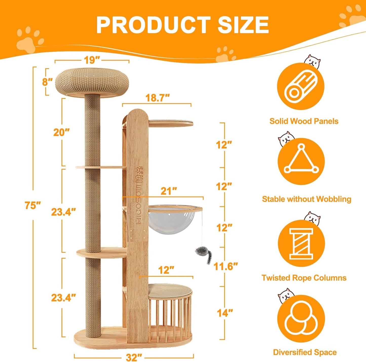 75 inch Cat Tree Tower for Indoor Cats Large Adult, Modern Big Cat Climbing Tower, Tall Cats Post, Corner Wood Cute Cat Condo with Sisal Scratching Posts