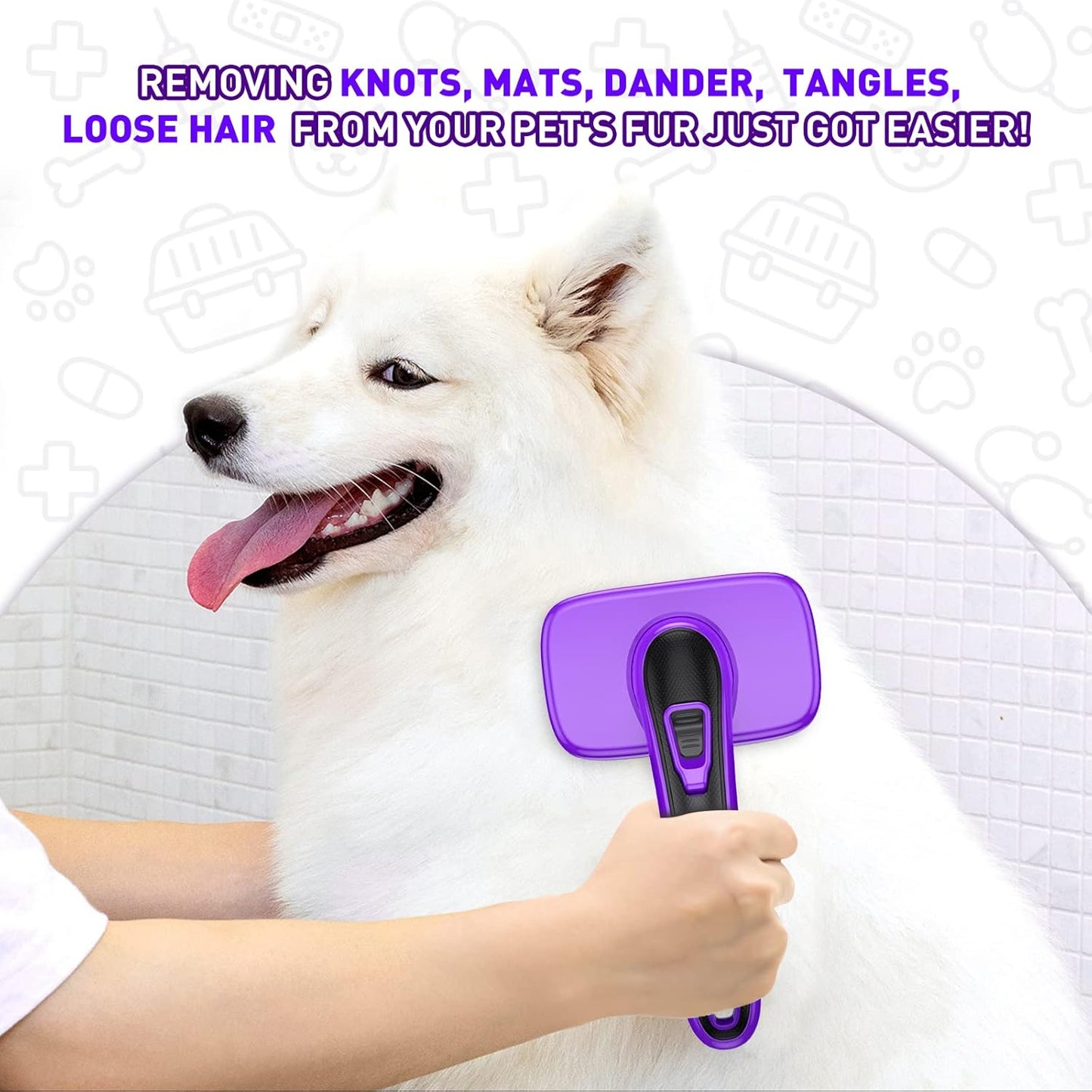 Dogs Cats Self Cleaning Slicker Brush for Shedding & Grooming Any Breed of Pets, Removes Loose, Undercoat, Mats, Tangled Hair for Small Medium Large Animal With Long Short Fur Length, Purple