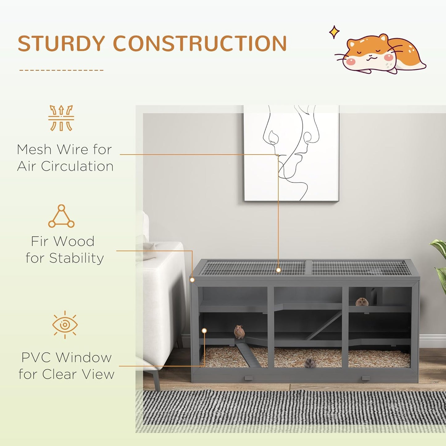 PawHut 45" Extra Large Wooden Hamster Cage, 3-Layer Chewproof Rat Cage with Opening Roof, Hut, Ramps, for Gerbil, Dwarf & Syrian Hamsters, Gray