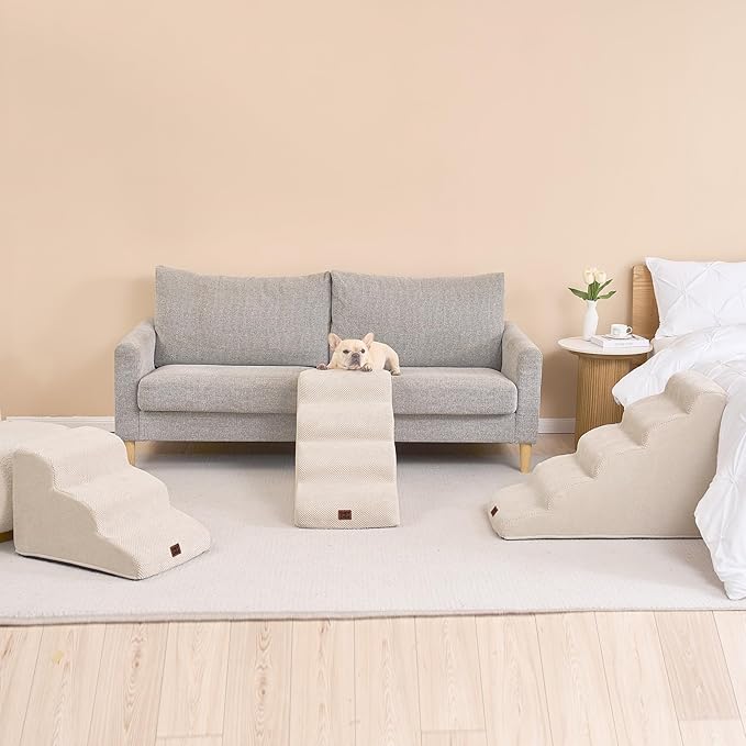 EHEYCIGA Curved Dog Stairs Ramp for High Beds 22.6" H, 5-Step Dog Steps for Small Dogs and Cats, Pet Stairs for High Bed Climbing, Non-Slip Balanced Pet Step Indoor, Beige
