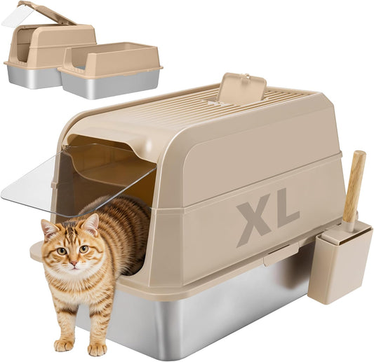 Stainless Steel Litter Box with Lid, XL Extra Large Cat Litter Box, Enclosed Metal Litter Pan with High Sided Enclosure & Scoop, Anti Leakage, Easy to Clean, Odor Control(Khaki)