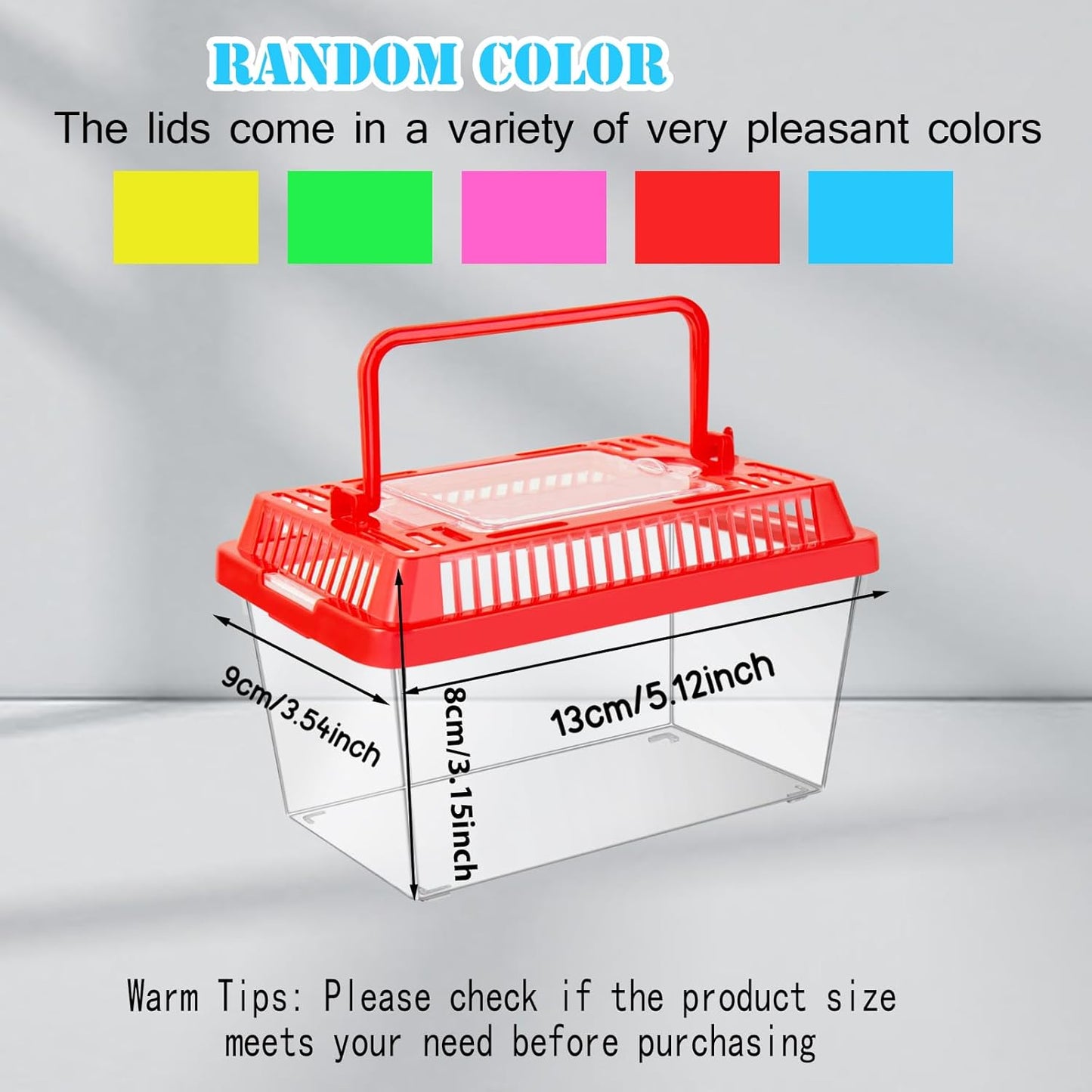 12Pcs Plastic Reptile Terrariums Carrier Cage Tarantula Enclosure Snake Breeding Box Hatching Container Transparent Fish Tank Turtle Aquarium with Random Color Lid for Spider, XS(5.1” x 3.5” x 3.5”