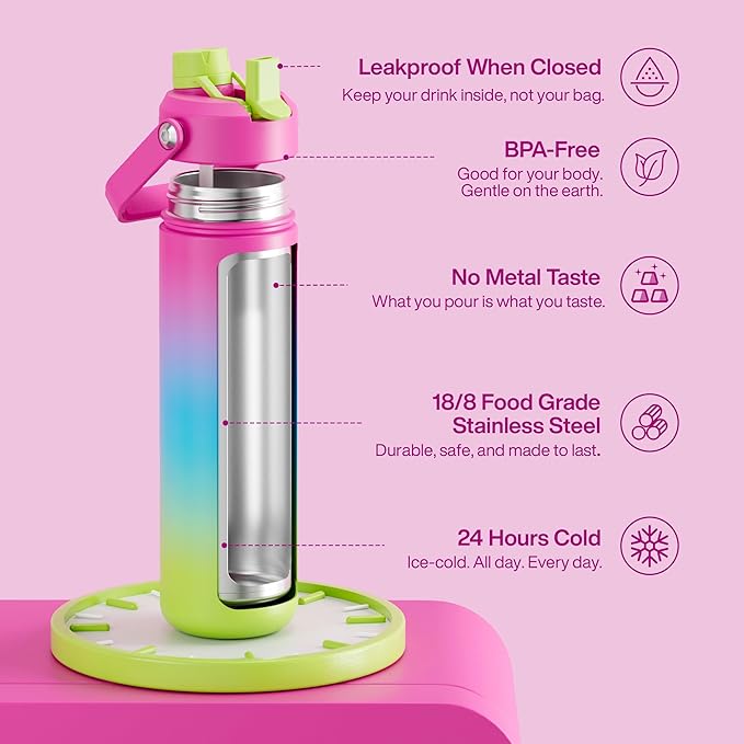 Insulated Water Bottle with Straw Stainless Steel Water Bottle, Leak-Proof, BPA-Free, Double Wall Vacuum Keeps Cold for 24 Hours for Sports, Travel, School (26 oz, Lime Sorbet)