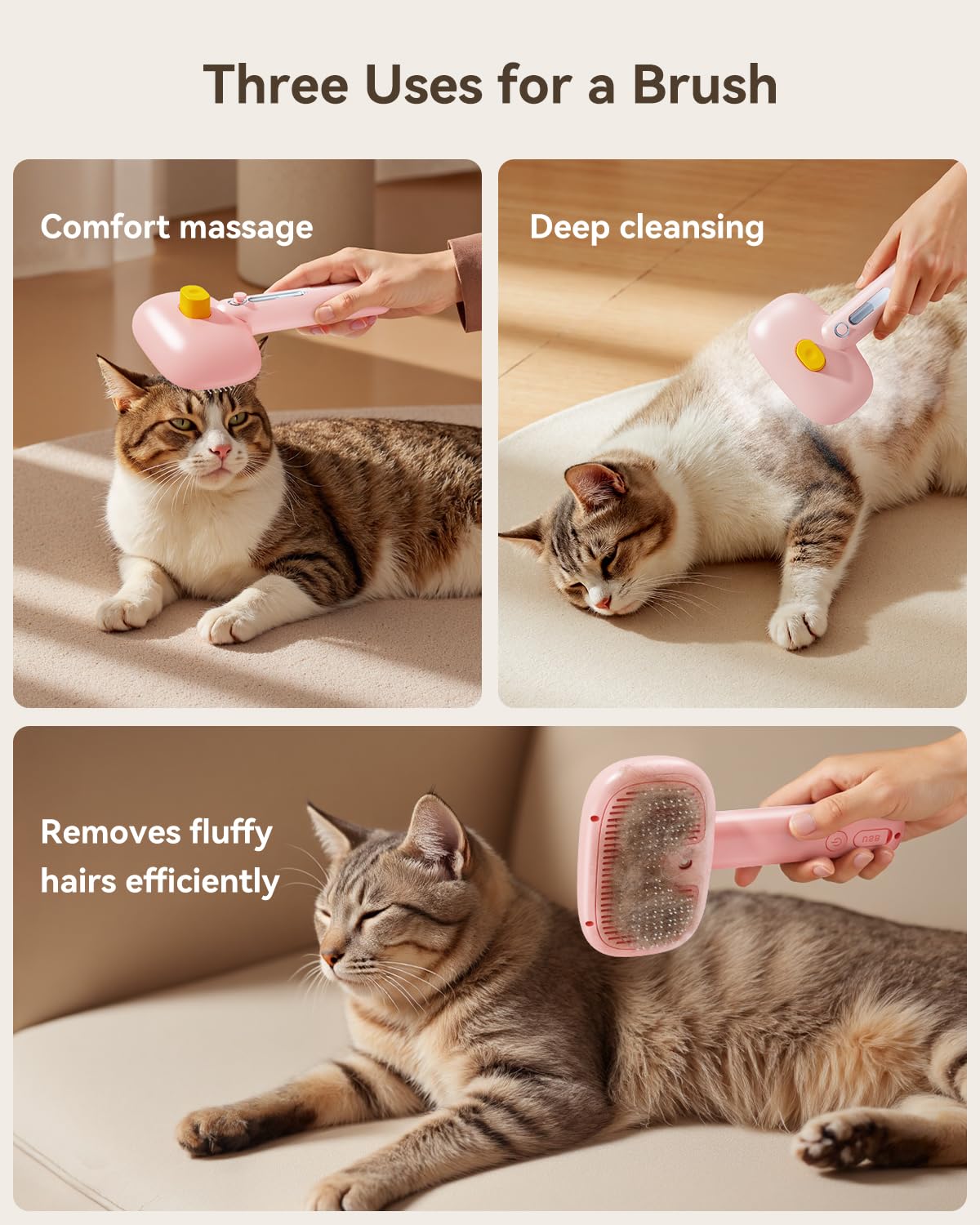 ROJECO 3-in-1 Pet Steam Brush for Cats&Dogs - Detangling Comb with Adjustable Mist, Handheld Deshedding Grooming Tool for Long/Short Hair, Massage Brush & Shedding Control Gift,Cordless,Pink