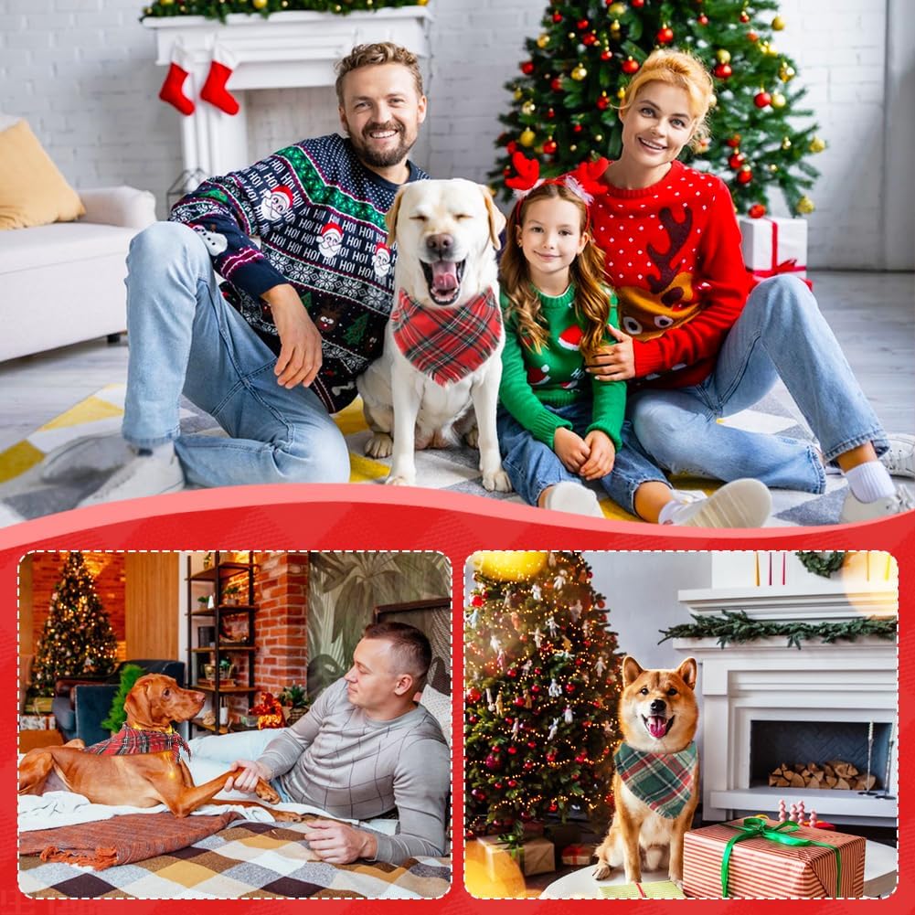Vivifying Dog Christmas Bandana with Tassels Edges, 2 Pack Classic Plaid Triangle Dog Apparel & Accessories, Funny Holiday Pet Scarf Costume for Photo Prop, and Party Decor (Large, Red&Green)
