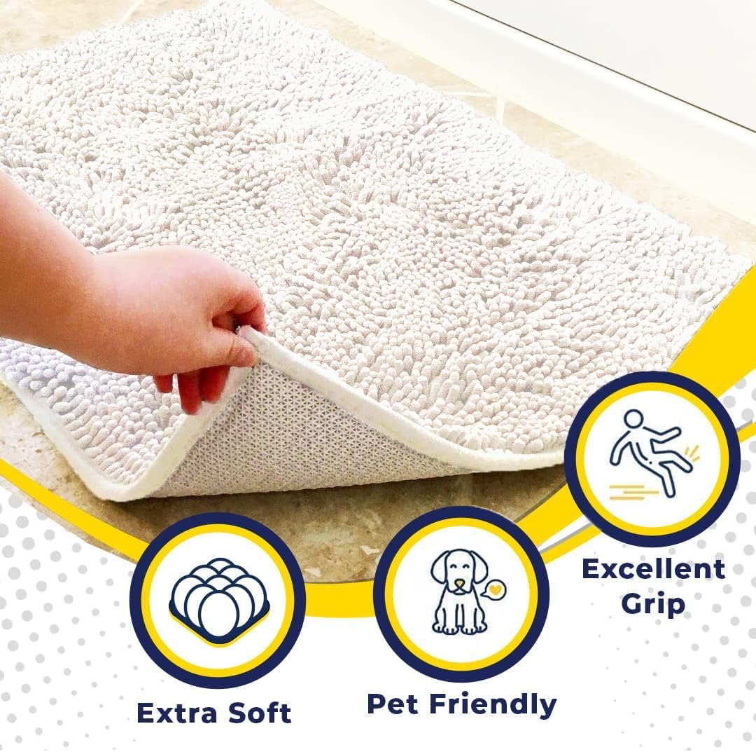 Muddy Mat® AS-SEEN-ON-TV Highly Absorbent Microfiber Door Mat and Pet Rug, Non Slip Thick Washable Area and Bath Mat Soft Chenille for Kitchen Bathroom Bedroom Indoor and Outdoor - White 24" x 120"
