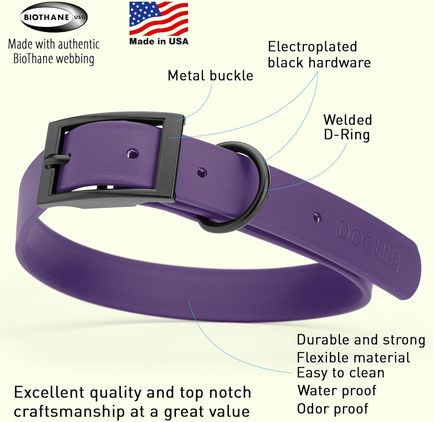 Dogline Biothane Waterproof Dog Collar Strong Coated Nylon Webbing with Black Hardware Odor- Proof for Easy Care Easy to Clean High Performance Fits Small Medium or Large Dogs, Violet Purple