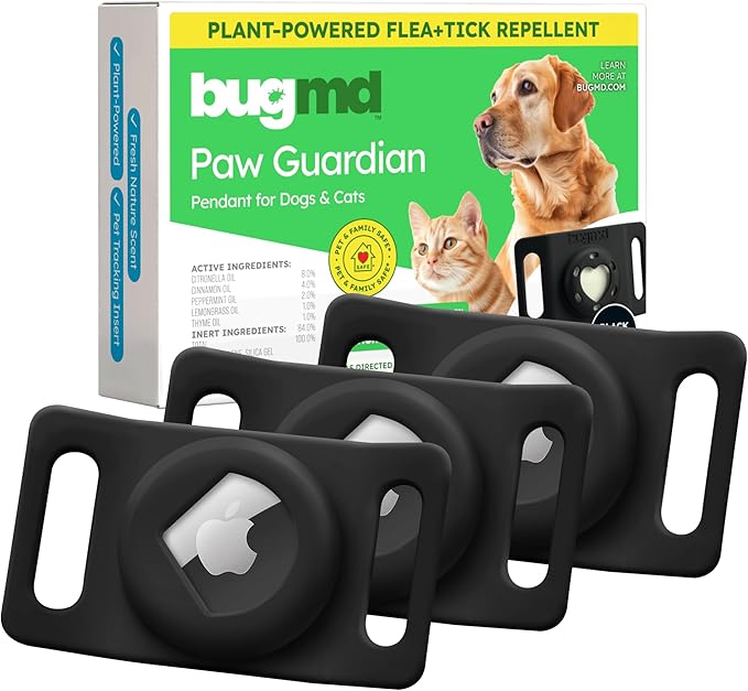 BugMD Paw Guardian Flea & Tick Pendant (3-Pack) with AirTag Holder – Plant-Based Flea & Tick Prevention for Dogs & Cats – Pet Collar Tag & GPS Tracker Holder for Cats & Dogs – Black