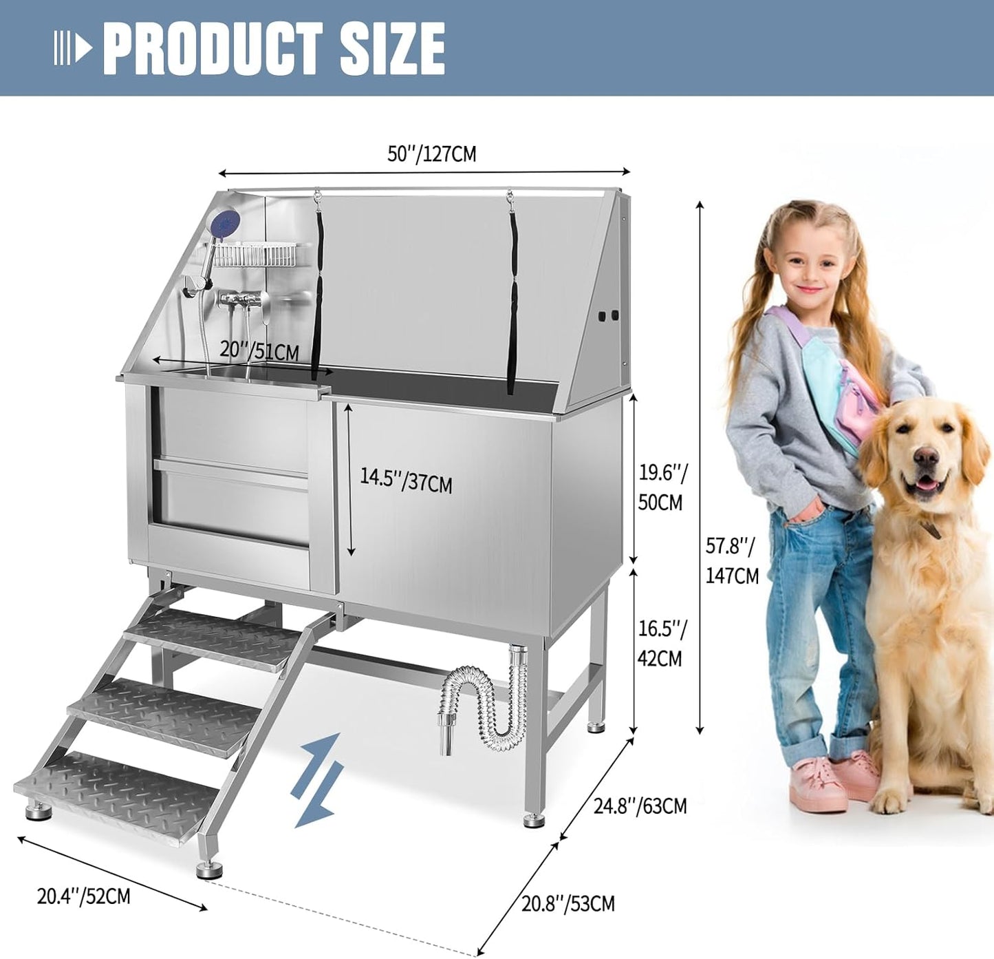 50" Dog Washing Station, Professional Stainless Steel Dog Bathing Station, Equipped/W Three Anti-Slip Steps, Removable Door, Upgraded Spray Nozzle&Hose - for Home, Pet Grooming Salon (50" Left ramp)