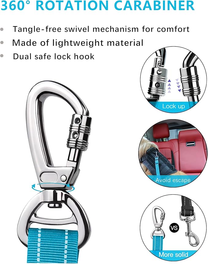 AUBELL Dog Seat Belt for Car,Updated 3-in-1 Adjustable Reflective Bungee Heavy Duty Dog Car Harness Tether with Clip Hook Latch & Buckle,Swivel Zinc Alloy Carabiner,Blue