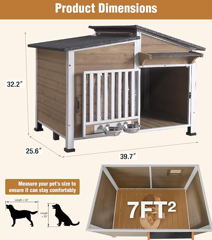 GUTINNEEN Dog House Outdoor with Anti-Chewing Metal Frame, Wooden Dog Kennel with 360° Rotating Feeding Bowl, Weatherproof Roof, for Indoor & Outdoor Use - Brown