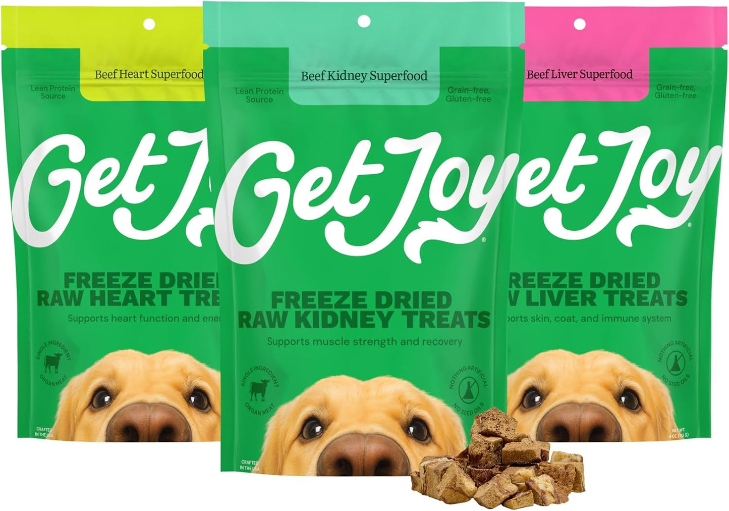 Get Joy Freeze Dried Superfood 100% Beef Heart, Kidney, Liver Dog Treats Variety Pack, 4 Ounce (Pack of 3), Single Ingredient Organ Meat, High Protein, Grain Free, Gluten Free, Made in USA