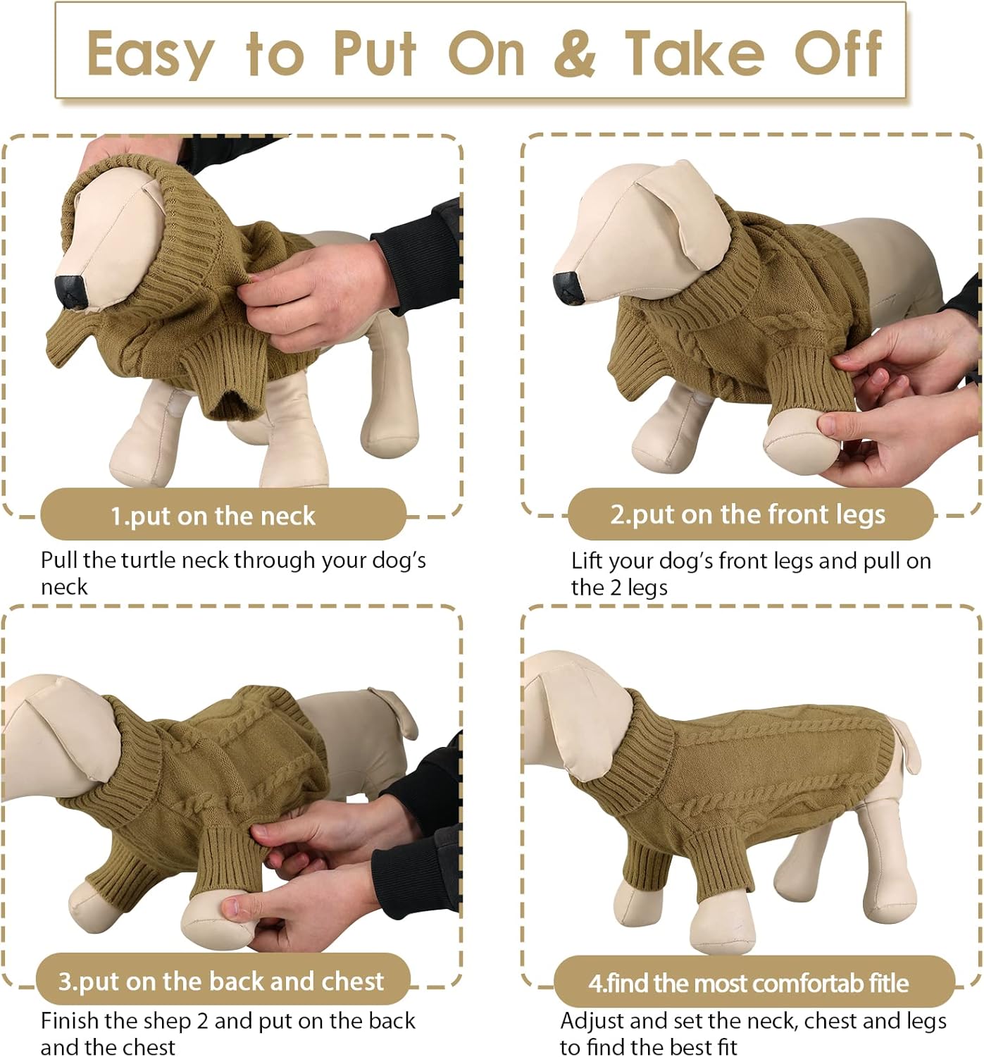 Queenmore Small Dog Pullover Sweater, Cold Weather Cable Knitwear, Classic Turtleneck Thick Warm Clothes for Chihuahua, Bulldog, Dachshund, Pug (Light Brown, Large)