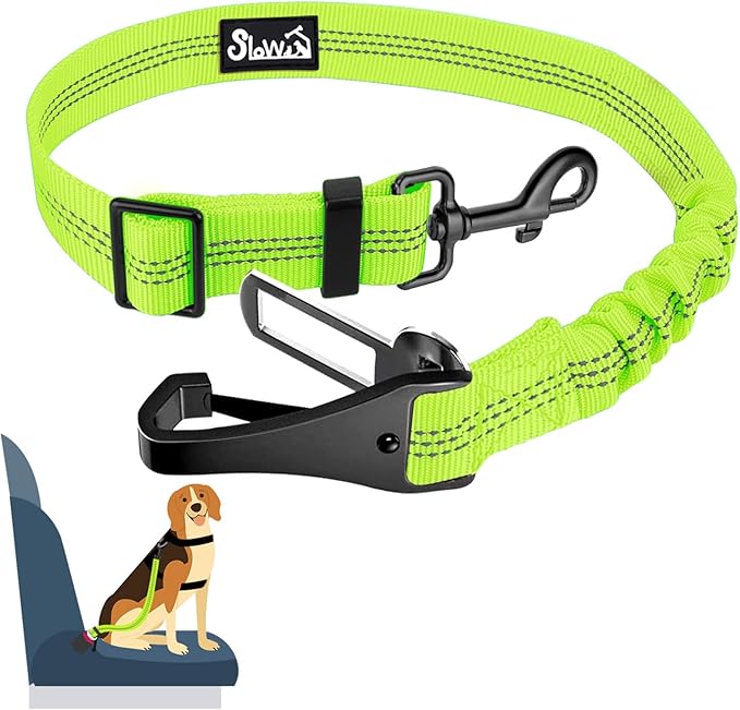 SlowTon Dog Seat Belt, Adjustable Dog Safety Belt Leash, 2 in 1 Latch Bar Attachment Dogs Car Seatbelt with Elastic Nylon Bungee Buffer, Reflective Nylon Belt Tether(VL,35.5in)