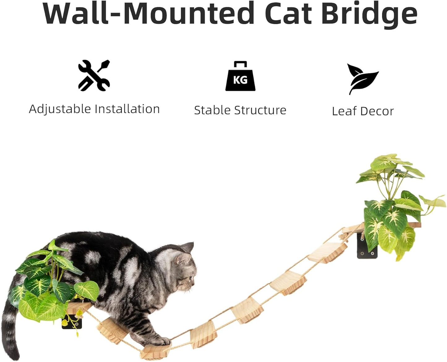 Meowoou Cat Bridge Wall Mounted, Rope Bridge for Climbing, Ladder for Indoor Cats, Cat Wall Furniture for Sleeping, Large Cats Steps Bed and Perches