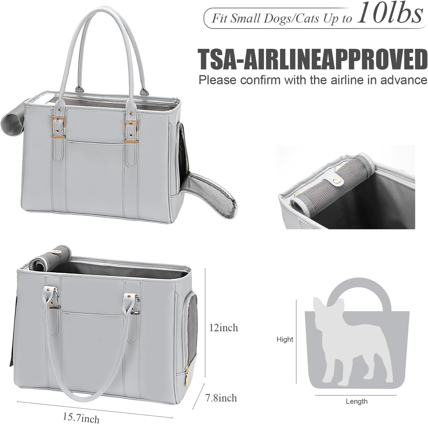 Fashion Pet Carrier Dog Purse Cat Bag Soft-Sided Carriers Travel Airline Approved, Stylish Leather Tote Handbag for Small Animal Puppy Kitten (Grey)