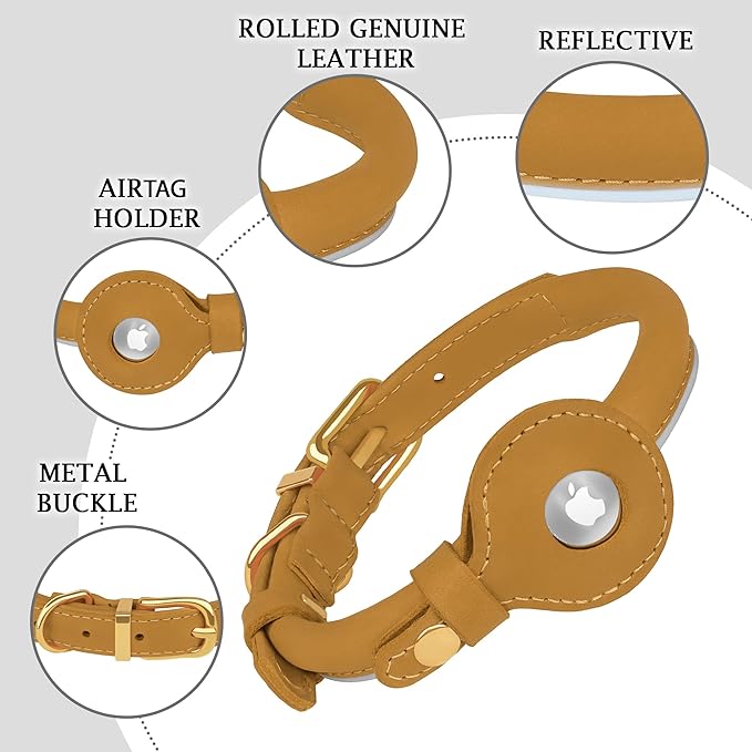 OOPSDOGGY Rolled Leather Dog Collar with Airtag Holder - Reflective Round Airtag Dog Collar - Soft Tracking Pet Collar for Small Dogs Puppy Cats Kitten (Camel, M, 12"-15")
