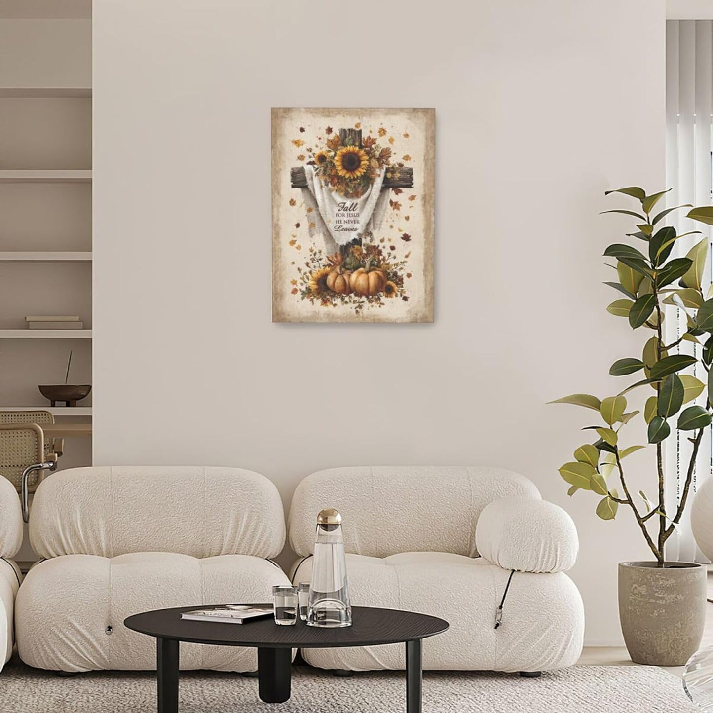 Christian Fall Wall Art Autumn Rustic Cross Sunflower Pumpkin Wall Decor Fall for Jesus He Never Leaves Pictures Painting Print Framed Artwork Decorations Gifts for Living Room Bedroom Prayer Room Office 12"x16"