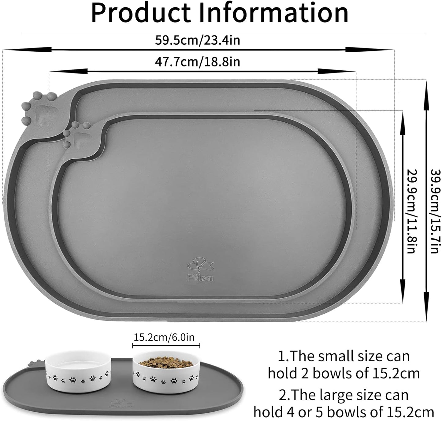 KPWACD Pet Placemat for Dog and Cat, Waterproof Silicone Dogs Feeding Bowl Mat Prevent Food and Water Overflow, High-Lips Puppy Dish Mats Suitable for Small Medium Big Pets, Grey, 24" * 16"