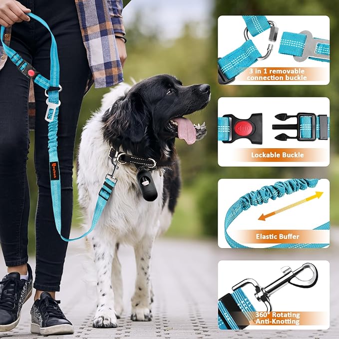 Removable Dog Seat Belt Harness for Car, 3 in 1 Pet Dog Car Seatbelt Leash, Retractable Restraint Secures to Vehicle Headrest & Adjustable Reflective Bungee Dog Seatbelt Tether, Blue and Black