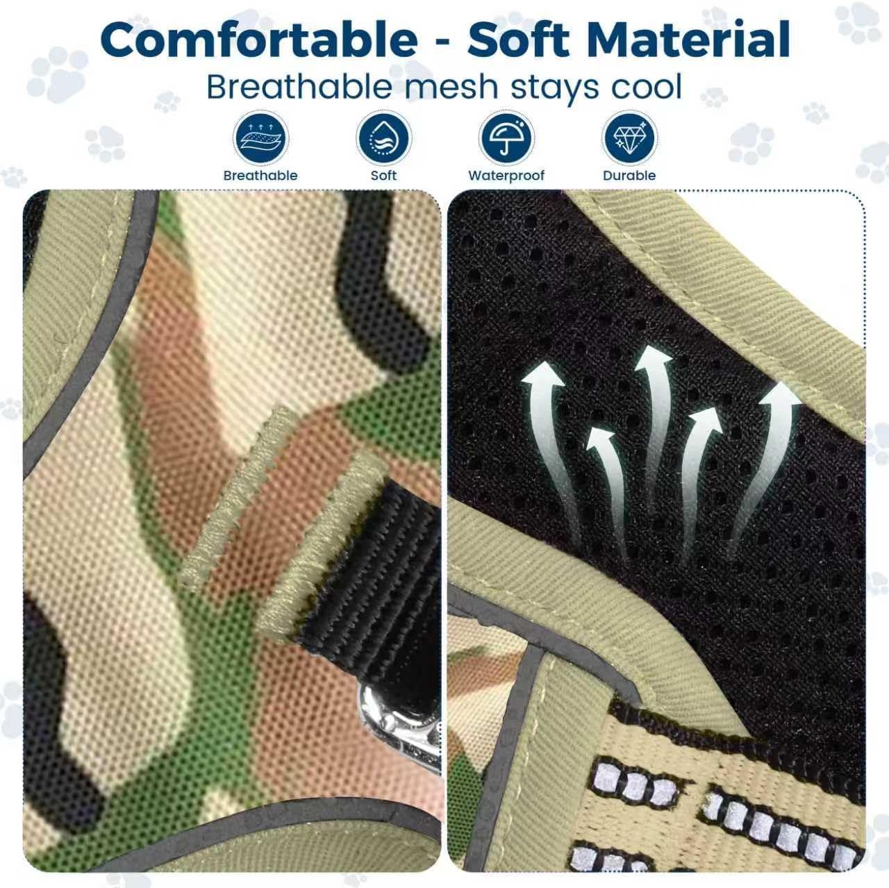 Funfox Dog Harness No Pull, Adjustable Pet Vest Harness, Super Soft Material with Vertical Handle Easy Control, Reflective Night Walking, 2 Leash Clips for Small Sized Dogs, Camo Green, S