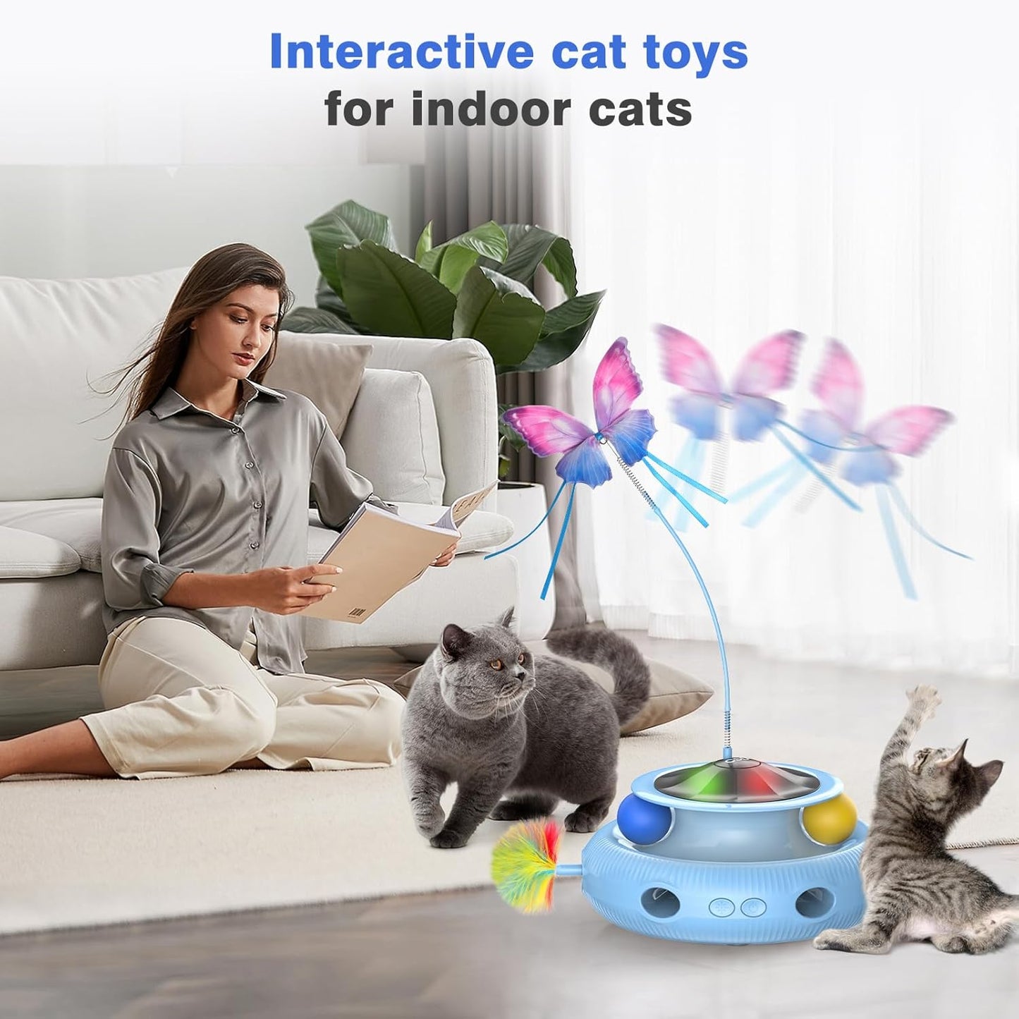 Automatic Interactive Cat Toys for Indoor Cats & Bored Adults - Kitten Toys with Fluttering Butterfly, Ambush Feather & Track Balls - Exercise & Stimulation for Playful Cats (Sky Blue)