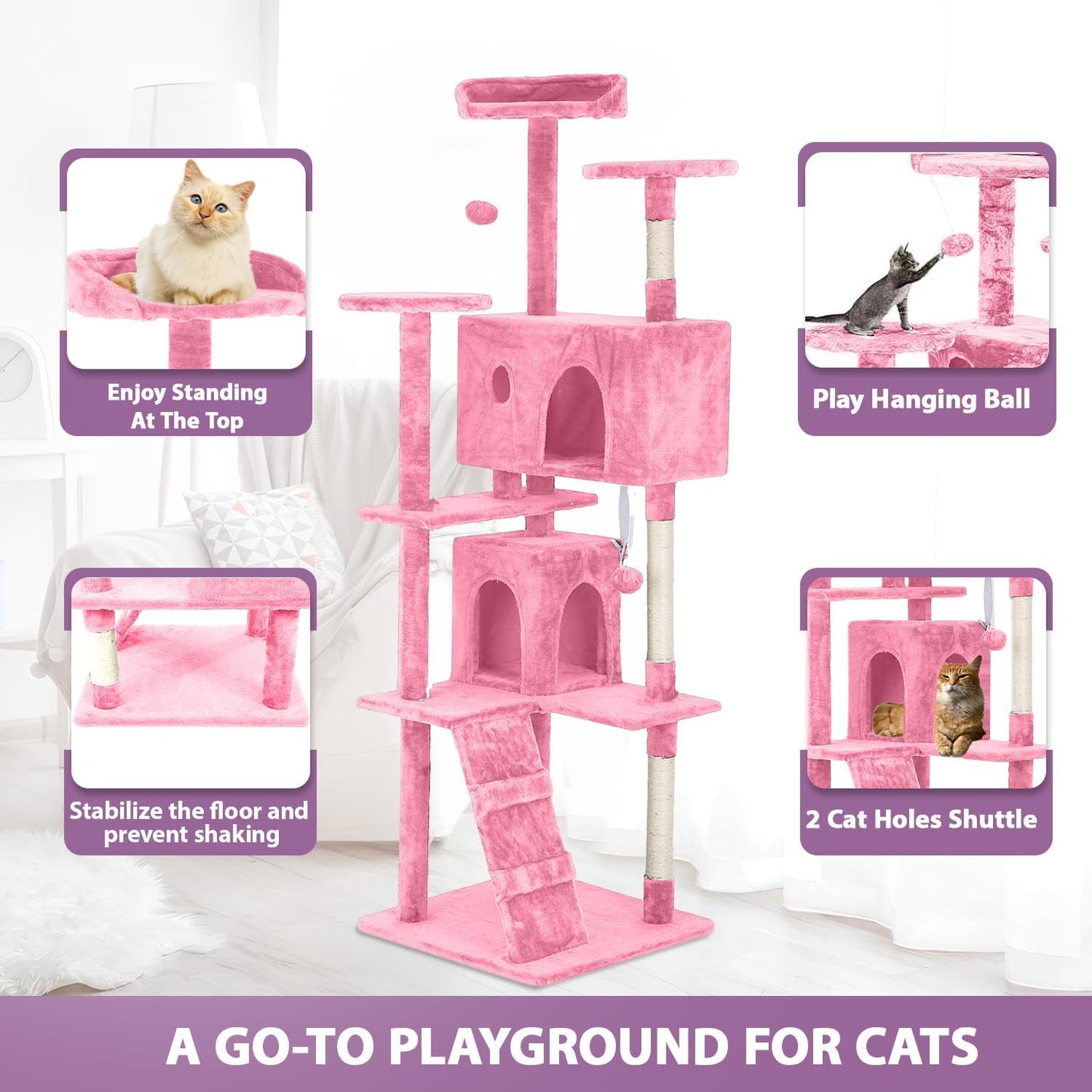 70 inches Cat Tower for Indoor Cats Multi-Level Cat Condos for XL Cat Tree Cat Climbing Tower with Scratching Posts, Hanging Toys,Pink