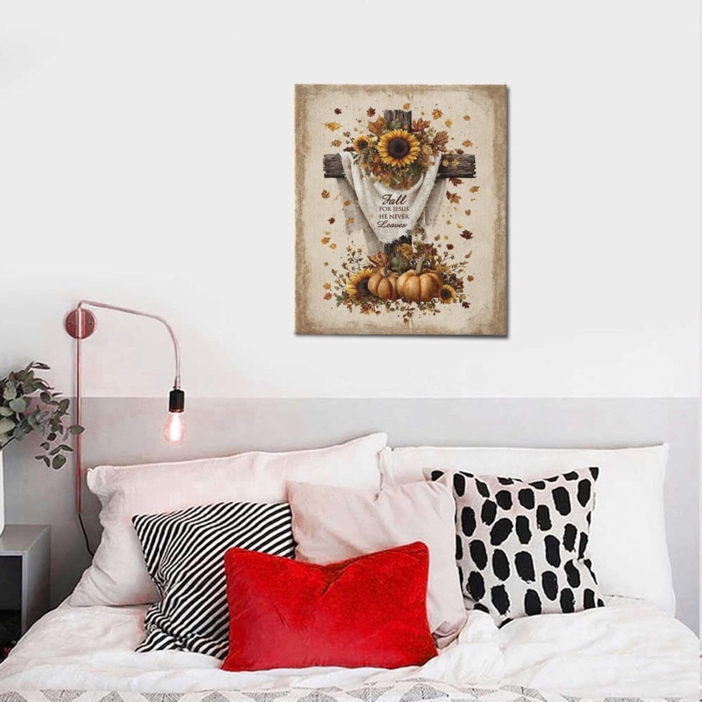 Christian Fall Wall Art Autumn Rustic Cross Sunflower Pumpkin Wall Decor Fall for Jesus He Never Leaves Pictures Painting Print Framed Artwork Decorations Gifts for Living Room Bedroom Prayer Room Office 20"x24"