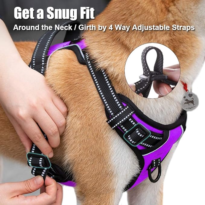 PoyPet No Pull Dog Harness, Reflective Comfortable Vest Harness with Front & Back 2 Leash Attachments and Easy Control Handle Adjustable Soft Padded Pet Vest for Small to Large Dogs (Purple,M)