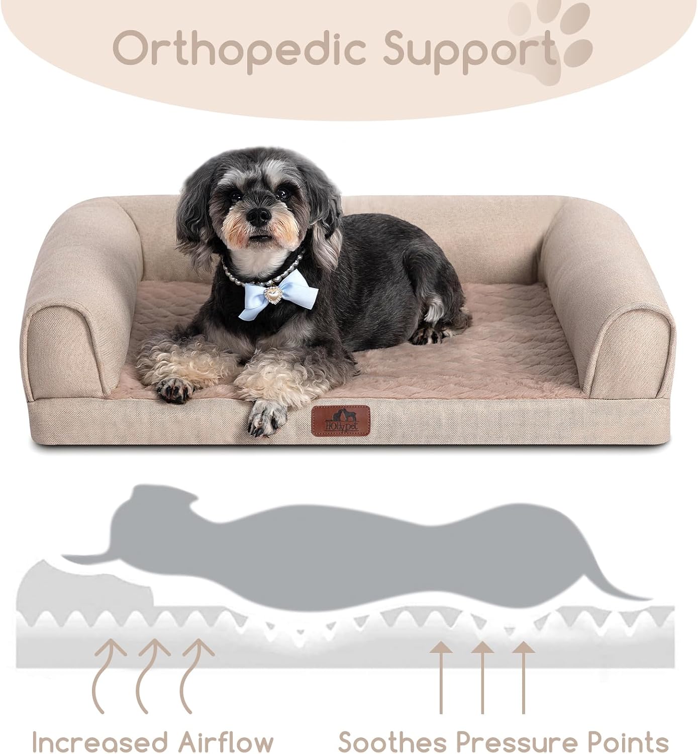 Hollypet Orthopedic Dog Bed for Medium Dogs, Supportive Foam Pet Couch with Removable Washable Cover and Non-Slip Bottom, Waterproof Lining Dog Sofa Bed, Khaki, M (28 * 22.5 * 7.5)