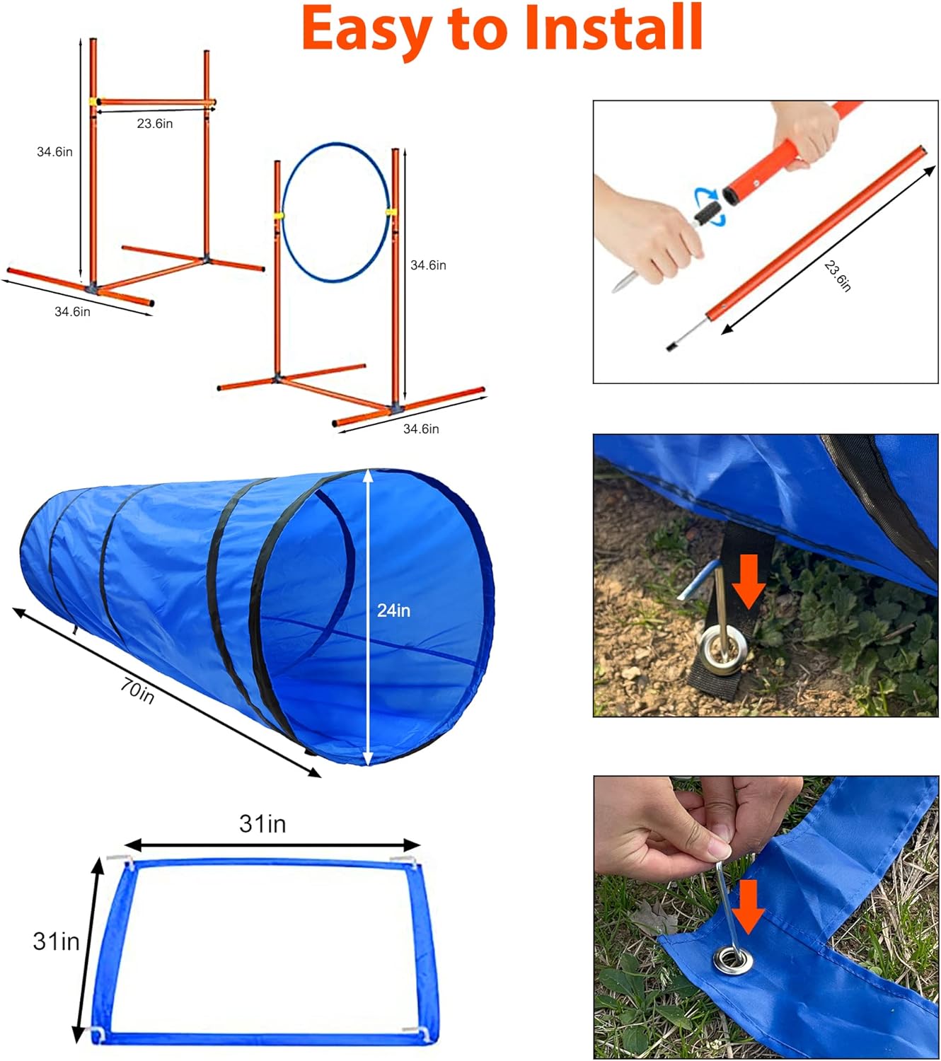 Dog Agility Training Equipment, Obstacle Agility Training Starter Kit for Doggie, Including Tunnel, 27 Weave Poles, Adjustable Hurdle, Jump Ring, Pause Box and Carrying Bag(Blue,L)
