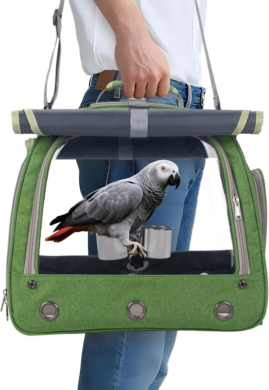 Bird Carrier Parrot Travel Cage with Perch, Food Bowl, Tray and Breathable Clear Window, Bird Travel Bag for African Gray Cockatiel Caique Conure Quaker, for Vetting Camping Hiking (Green)