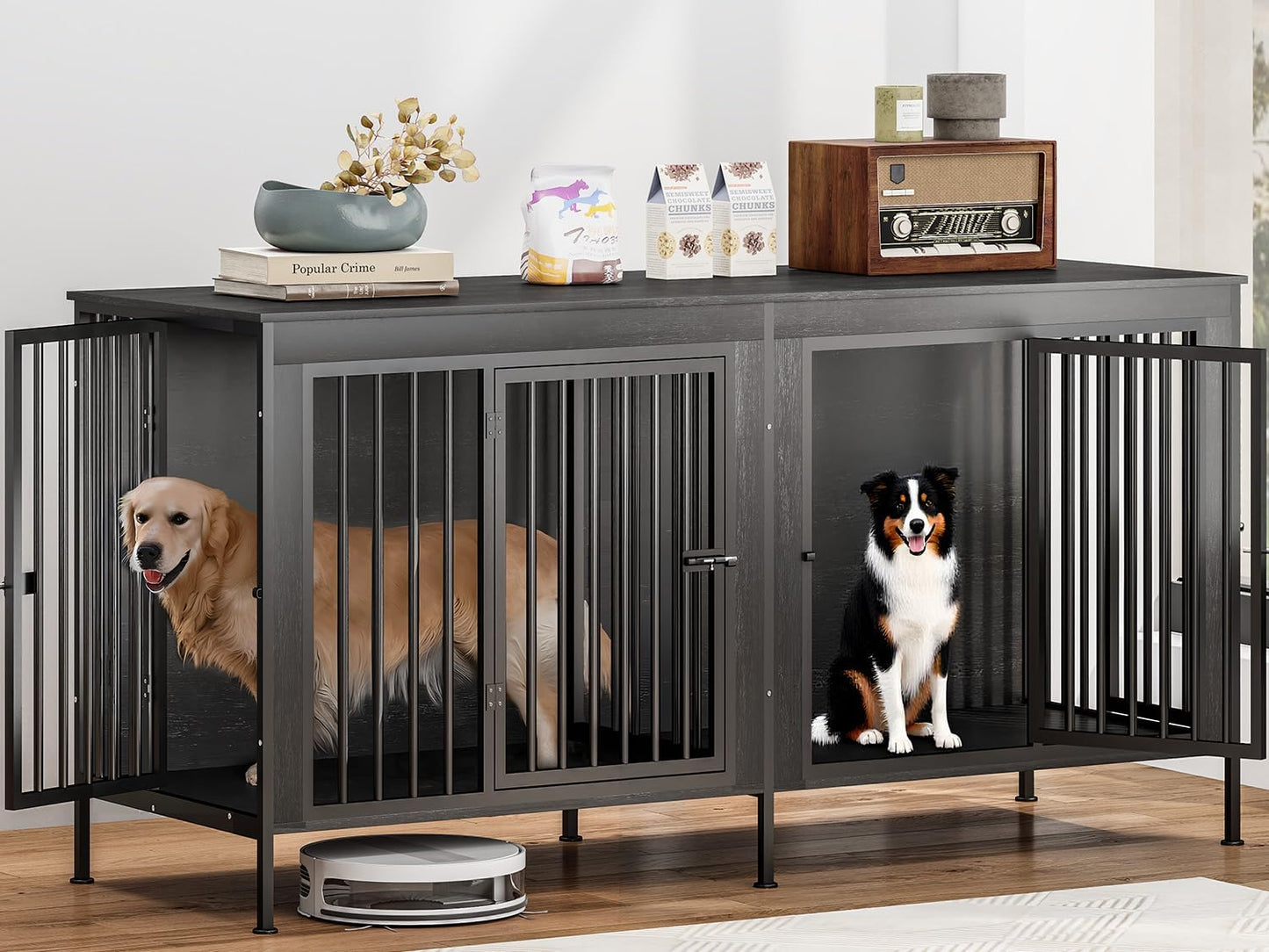 78 Inch Dog Cage Furniture for 2 Large/Medium Dogs with Removable Divider, Extra Large Double Doors Dog Kennel, XXL Thick Wooden Dog cage Furniture, Durable and Sturdy, Dark Grey